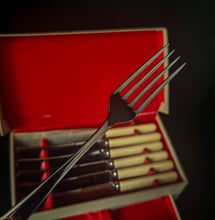 Load image into Gallery viewer, Vintage Montfort Sheffield Cutlery Set Stainless Steel Knives Forks Boxed Cream Handles