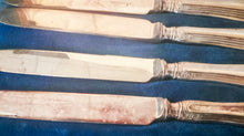 Load image into Gallery viewer, Vintage Walker & Hall Sheffield Silver Plate Knife Set Boxed 5 Knives (1 Missing) 18cm