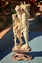 Load image into Gallery viewer, Vintage Asian Fisherman Figurine Resin or Bone Effect Scholar Statue with Fish Carved Figure 19.5cm