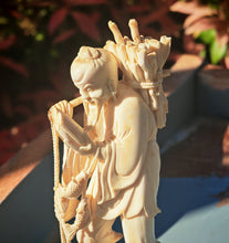 Load image into Gallery viewer, Vintage Asian Fisherman Figurine Resin or Bone Effect Scholar Statue with Fish Carved Figure 19.5cm