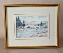 Load image into Gallery viewer, Vintage Print In Wooden Frame: Landscape Watercolour Painting Of Bridge, Trees, Rocks, Water & Mount