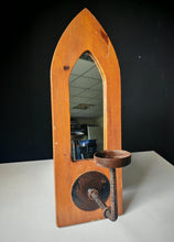 Load image into Gallery viewer, Rustic Gothic-Style Wooden Wall Mirror with Metal Candle Holder – 75cm Tall