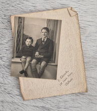 Load image into Gallery viewer, Vintage Sepia Colour Old Photograph, 2 young boys sitting on a window sill, Family Photo, Date Ukno