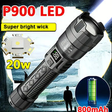 Load image into Gallery viewer, P900 LED High Power Flashlight, 20W Tactical Zoom Torch, Rechargeable With 800mAh Lithium Battery, USB-C Cable Included, For Camping & Emergency Non-Waterproof - Black