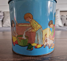 Load image into Gallery viewer, Vintage Children Playing Chef and Baker with Ingredients Blue Tin Metal Canister