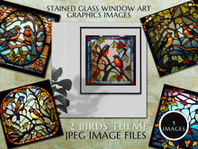 Load image into Gallery viewer, Cute Birds ClipArt Stained Glass Window Style Artwork Graphics 2 Birds Sitting On Tree Branch, Instant Digital Download, Quality png Images
