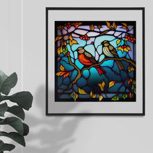 Load image into Gallery viewer, Cute Birds ClipArt Stained Glass Window Style Artwork Graphics 2 Birds Sitting On Tree Branch, Instant Digital Download, Quality png Images