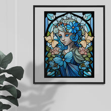 Load image into Gallery viewer, Blue Flower Fairies Stained Glass Window Style Artwork Graphics: 4 x Digital Download Jpeg Floral Fairy Images Art