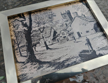 Load image into Gallery viewer, Vintage Etched Ink Gold & Black Village Scene – Framed Countryside Artwork 22cm