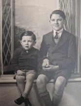 Load image into Gallery viewer, Vintage Sepia Colour Old Photograph, 2 young boys sitting on a window sill, Family Photo, Date Ukno