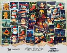 Load image into Gallery viewer, Christmas Vintage Postage Stamp Clipart Bundle - 36 PNG Images Santa Claus, Reindeer, Christmas Tree Gingerbread Man Holiday Art DIY Crafts