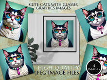 Load image into Gallery viewer, Cute Cat Wearing Glasses Artwork Graphics, Instant Digital Download, 4 High Quality Jpeg Images