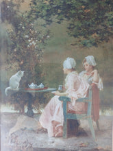 Load image into Gallery viewer, Framed Victorian Garden Print Ladies Tea Time Cat Wall Art 50 x 30cm