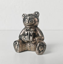 Load image into Gallery viewer, Silver Tone Teddy Bear Holding Present Figurine Ornament Collectible 4cm Gift