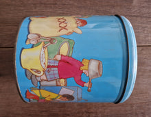 Load image into Gallery viewer, Vintage Children Playing Chef and Baker with Ingredients Blue Tin Metal Canister