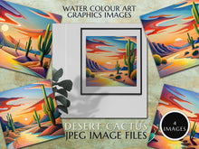 Load image into Gallery viewer, Watercolour art graphics images, A desert theme, featuring cacti, sand dunes & beautiful sunset Instant Digital Download, Quality jpeg Image