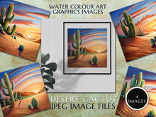 Load image into Gallery viewer, Watercolour art graphics images, A desert theme, featuring cacti, sand dunes & beautiful sunset Instant Digital Download, Quality jpeg Image