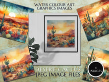 Load image into Gallery viewer, Watercolour art graphics images, A desert theme, featuring cacti, sand dunes & beautiful sunset Instant Digital Download, Quality jpeg Image