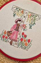 Load image into Gallery viewer, Yesterday completed embroidery picture in the embroidery ring for hanging, young girl with basket, f