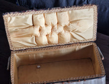 Load image into Gallery viewer, Vintage Tapestry Wicker Woven Sewing Box Basket Pin Cushion Satin Interior