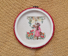 Load image into Gallery viewer, Yesterday completed embroidery picture in the embroidery ring for hanging, young girl with basket, f