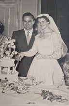 Load image into Gallery viewer, Antique Vintage Wedding Photograph | Bride and Groom Cutting Wedding Cake | Sepia Portrait Photo 15.