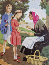 Load image into Gallery viewer, Vintage Illustrated Book Plate Page Colour Lithograph Print 2 School Girl Talking To A Old Woman & G