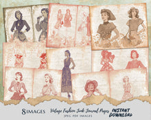 Load image into Gallery viewer, Vintage Fashion Junk Journal Pages Printables | Digital Download | 8 JPEG & PDF Images printable junk journal scrapbook Retro Designs