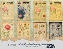 Load image into Gallery viewer, Vintage Floral Junk Journal Pages – 8 Printable Botanical Ephemera Sheets – Instant Download, PDF & JPEG