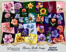 Load image into Gallery viewer, 30 Flowers Square Images on color background Clipart Digital Stock image for Junk Journals, Scrapbooking, Card Making , Digital Download