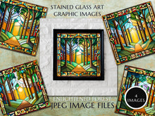 Load image into Gallery viewer, Enlightened Forest Stained Glass Window Style Artwork Graphics: 4 x Digital Download Jpeg Forest, Tree, Footpath , Sunlight Images Art