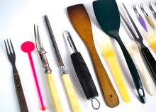 Load image into Gallery viewer, 14 x Vintage Kitchen Utensils, Plastic forks, Wooden Spatula, Potato Vegetable Peeler, Can Opener, Knife Sharpner, Steak Fork, etc
