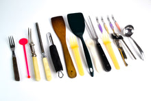 Load image into Gallery viewer, 14 x Vintage Kitchen Utensils, Plastic forks, Wooden Spatula, Potato Vegetable Peeler, Can Opener, Knife Sharpner, Steak Fork, etc