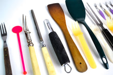 Load image into Gallery viewer, 14 x Vintage Kitchen Utensils, Plastic forks, Wooden Spatula, Potato Vegetable Peeler, Can Opener, Knife Sharpner, Steak Fork, etc