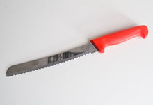 Load image into Gallery viewer, Vintage  Prestige Red Plastic Handle  Stainless Steel Kitchen Bread / Steak  Knife, Kitchenali 1990's,  Quality Steel, 33.1cm long