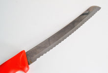 Load image into Gallery viewer, Vintage  Prestige Red Plastic Handle  Stainless Steel Kitchen Bread / Steak  Knife, Kitchenali 1990's,  Quality Steel, 33.1cm long