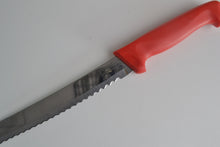 Load image into Gallery viewer, Vintage  Prestige Red Plastic Handle  Stainless Steel Kitchen Bread / Steak  Knife, Kitchenali 1990's,  Quality Steel, 33.1cm long