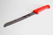 Load image into Gallery viewer, Vintage  Prestige Red Plastic Handle  Stainless Steel Kitchen Bread / Steak  Knife, Kitchenali 1990's,  Quality Steel, 33.1cm long