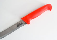 Load image into Gallery viewer, Vintage  Prestige Red Plastic Handle  Stainless Steel Kitchen Bread / Steak  Knife, Kitchenali 1990's,  Quality Steel, 33.1cm long
