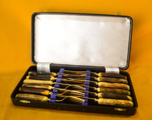 Load image into Gallery viewer, Set of 6 Steak knives and forks with antler handles, approx age from 1970's, gold plated, in box
