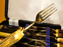 Load image into Gallery viewer, Set of 6 Steak knives and forks with antler handles, approx age from 1970's, gold plated, in box