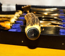 Load image into Gallery viewer, Set of 6 Steak knives and forks with antler handles, approx age from 1970's, gold plated, in box
