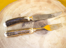 Load image into Gallery viewer, Steak knife and fork set with antler handles, approx age from 1970's, 1 knife, 1 fork