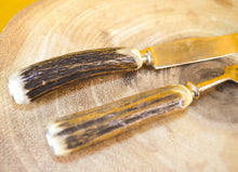 Load image into Gallery viewer, Steak knife and fork set with antler handles, approx age from 1970's, 1 knife, 1 fork
