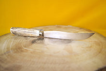 Load image into Gallery viewer, Steak knife and fork set with antler handles, approx age from 1970's, 1 knife, 1 fork