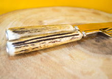 Load image into Gallery viewer, Steak knife and fork set with antler handles, approx age from 1970's, 1 knife, 1 fork