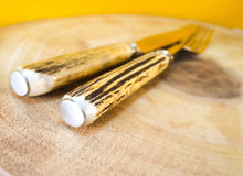 Load image into Gallery viewer, Steak knife and fork set with antler handles, approx age from 1970's, 1 knife, 1 fork