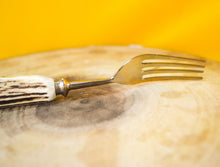 Load image into Gallery viewer, Steak knife and fork set with antler handles, approx age from 1970's, 1 knife, 1 fork