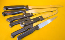 Load image into Gallery viewer, Set of 7 Vintage Plastic Handle Kitchen Knives – Mixed Sizes, Retro Kitchenalia Collection