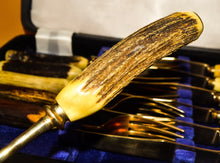 Load image into Gallery viewer, Set of 6 Steak knives and forks with antler handles, approx age from 1970's, gold plated, in box